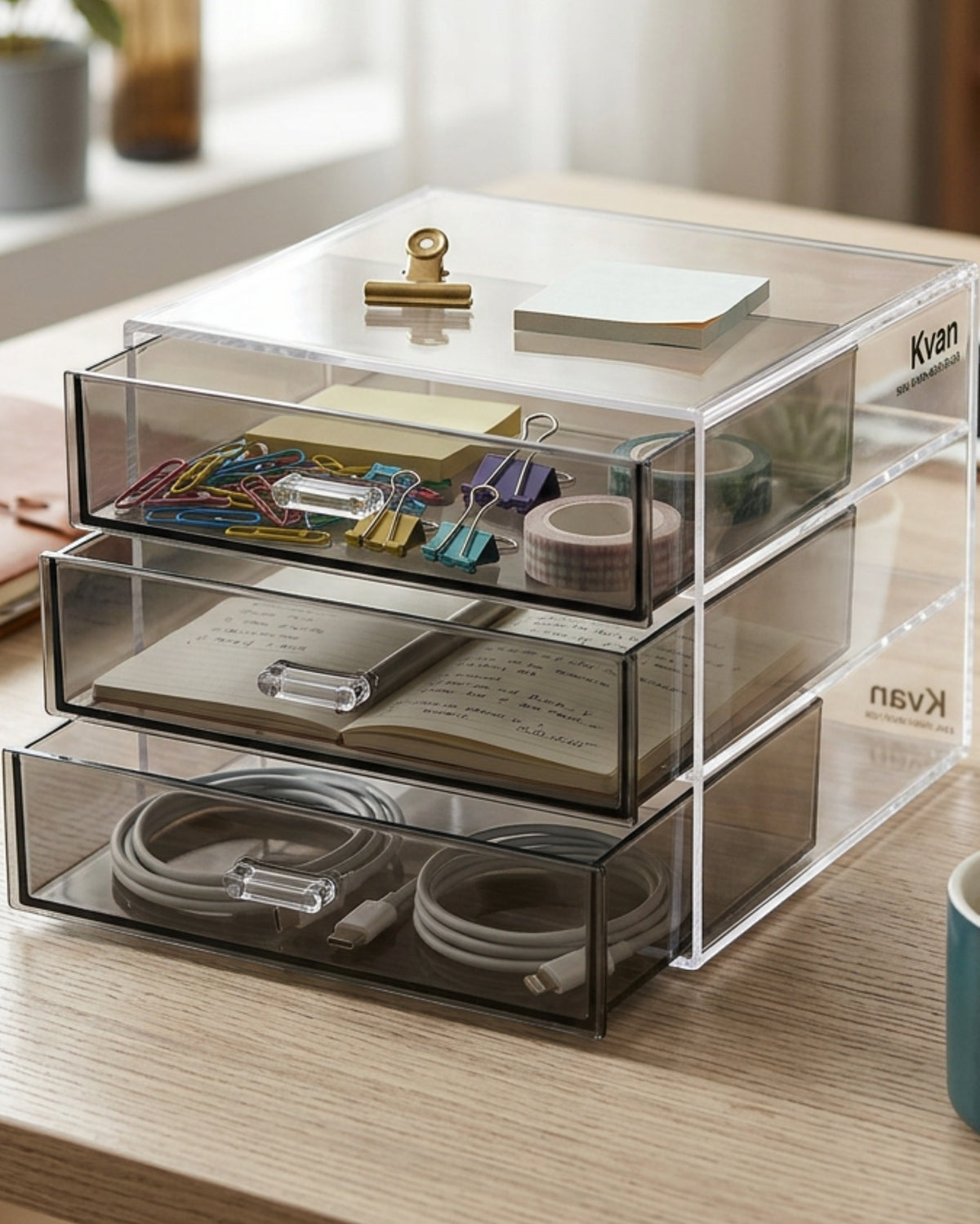 Kvan Acrylic Desktop Storage Box with 3 Drawers Clear and Smoke Gray - Lifestyle view