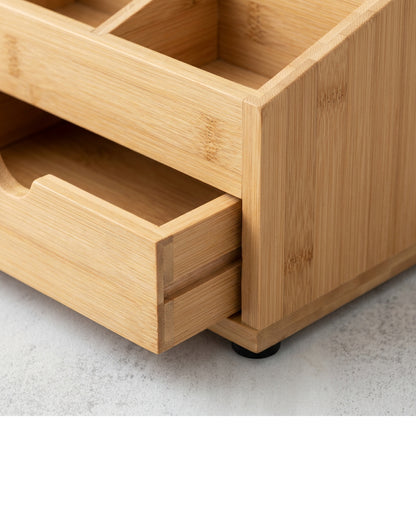Kvan Bamboo Desktop Organizer with 5 Compartments and Drawer - Detail view