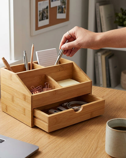 Kvan Bamboo Desktop Organizer with 5 Compartments and Drawer - Lifestyle view