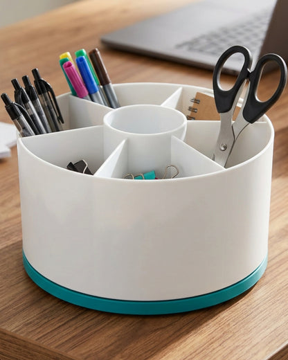 Kvan Rotating Desktop Organizer with 6 Compartments White and Teal - Lifestyle view